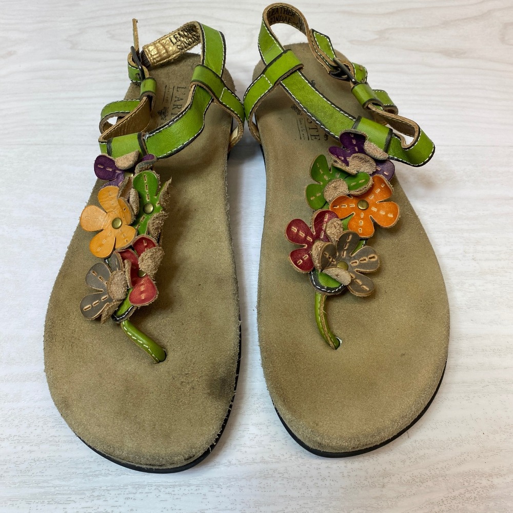 L'Artiste Womens 38 Sandals Sundae Floral Leather Thong Ankle Strap Green Boho